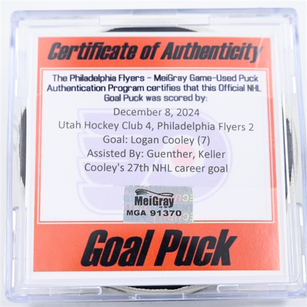 Logan Cooley - Utah Hockey Club - Goal Puck - December 8, 2024 vs. Philadelphia Flyers (Flyers Logo)