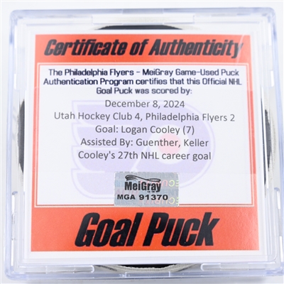 Logan Cooley - Utah Hockey Club - Goal Puck - December 8, 2024 vs. Philadelphia Flyers (Flyers Logo)
