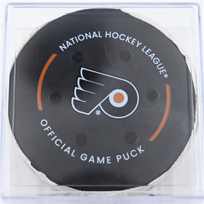 Logan Cooley - Utah Hockey Club - Goal Puck - December 8, 2024 vs. Philadelphia Flyers (Flyers Logo)