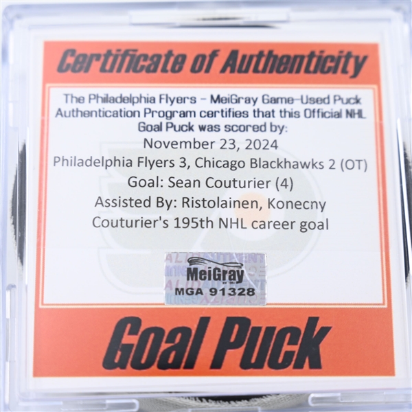 Sean Couturier - Philadelphia Flyers - Goal Puck - November 23, 2024 vs. Chicago Blackhawks (Flyers Logo)