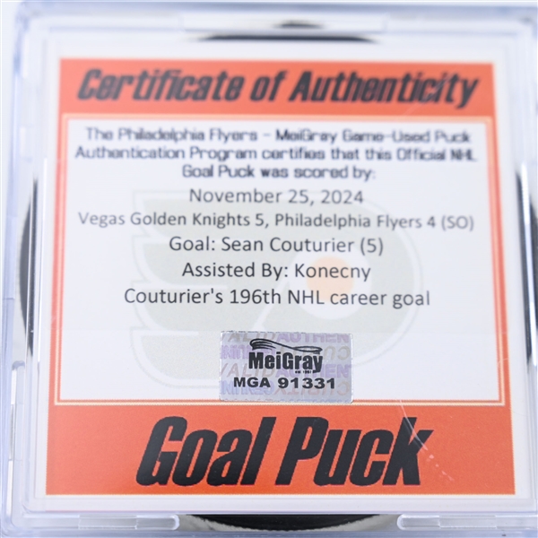 Sean Couturier - Philadelphia Flyers - Goal Puck - November 25, 2024 vs. Vegas Golden Knights (Flyers Logo)