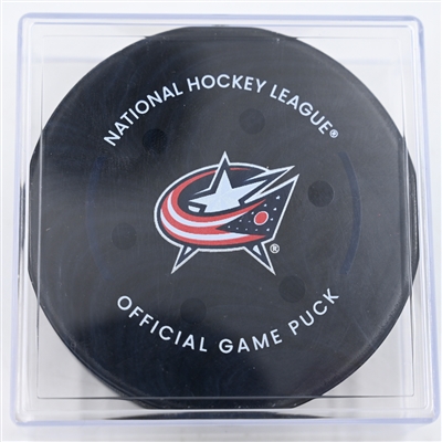 Charlie Coyle - Boston Bruins - Goal Puck - December 27, 2024 vs. Columbus Blue Jackets (Blue Jackets Logo)