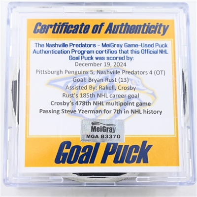 Bryan Rust - Pittsburgh Penguins - Goal Puck - December 19, 2024 vs. Nashville Predators (Predators Logo)