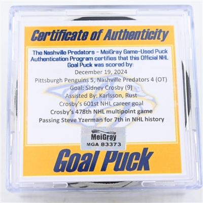 Sidney Crosby - Pittsburgh Penguins - Goal Puck - December 19, 2024 vs. Nashville Predators (Predators Logo)