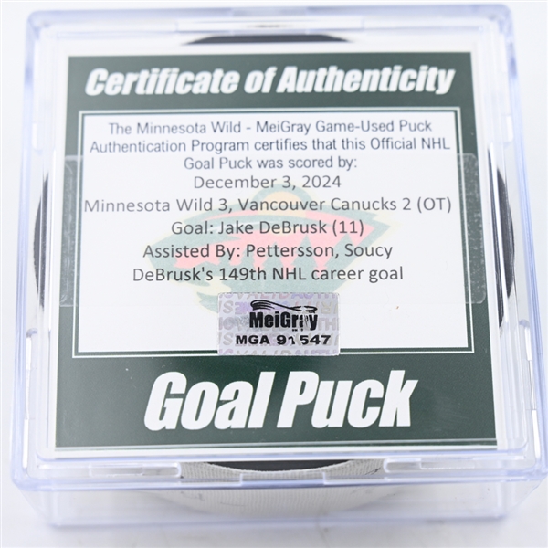 Jake DeBrusk - Vancouver Canucks - Goal Puck - December 3, 2024 vs. Minnesota Wild (Wild Logo)