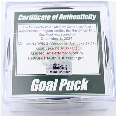 Jake DeBrusk - Vancouver Canucks - Goal Puck - December 3, 2024 vs. Minnesota Wild (Wild Logo)