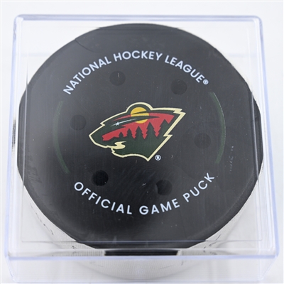 Jake DeBrusk - Vancouver Canucks - Goal Puck - December 3, 2024 vs. Minnesota Wild (Wild Logo)
