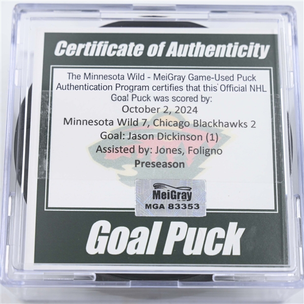 Jason Dickinson - Chicago Blackhawks - Goal Puck - October 2, 2024 vs. Minnesota Wild (Wild Logo) - Preseason