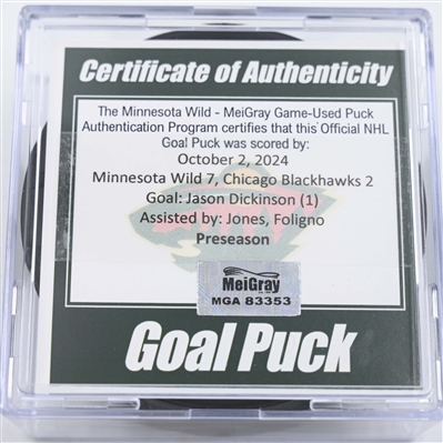 Jason Dickinson - Chicago Blackhawks - Goal Puck - October 2, 2024 vs. Minnesota Wild (Wild Logo) - Preseason