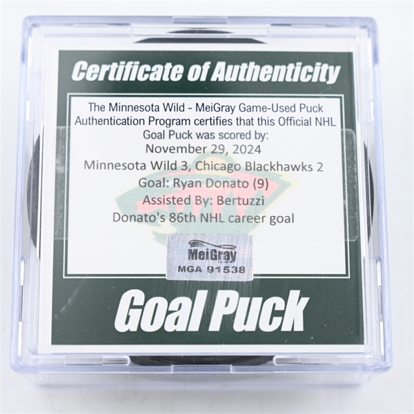 Ryan Donato - Chicago Blackhawks - Goal Puck - November 29, 2024 vs. Minnesota Wild (Wild Logo)
