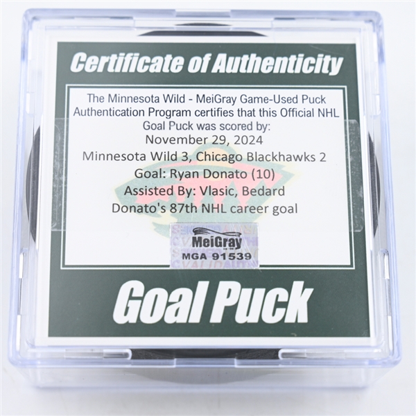 Ryan Donato - Chicago Blackhawks - Goal Puck - November 29, 2024 vs. Minnesota Wild (Wild Logo)
