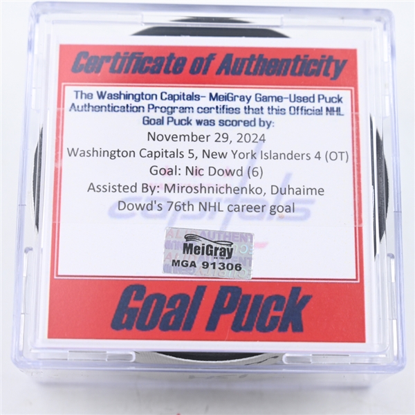 Nic Dowd - Washington Capitals - Goal Puck - November 29, 2024 vs. New York Islanders (Capitals 50th Anniversary Logo)