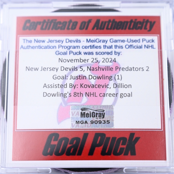 Justin Dowling - New Jersey Devils - Goal Puck - November 25, 2024 vs. Nashville Predators (Devils Logo)