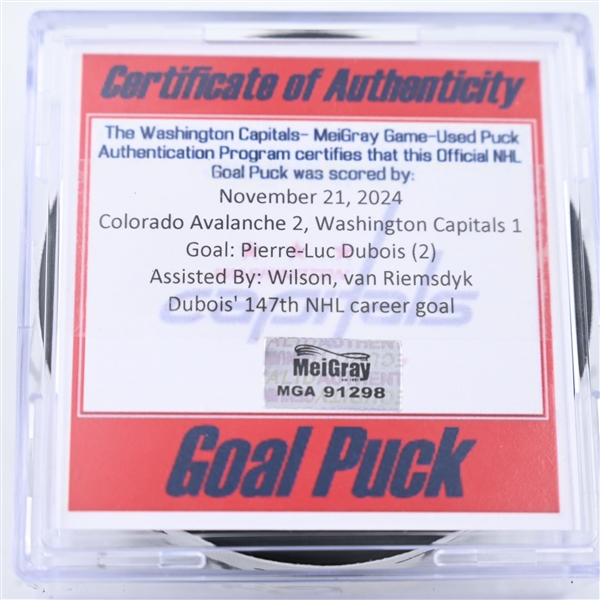 Pierre-Luc Dubois - Washington Capitals - Goal Puck - November 21, 2024 vs. Colorado Avalanche (Capitals 50th Anniversary Logo)