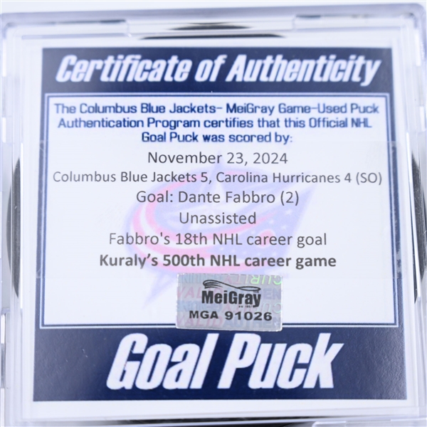 Dante Fabbro - Columbus Blue Jackets - Goal Puck - November 23, 2024 vs. Carolina Hurricanes (Blue Jackets Logo)