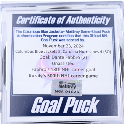 Dante Fabbro - Columbus Blue Jackets - Goal Puck - November 23, 2024 vs. Carolina Hurricanes (Blue Jackets Logo)