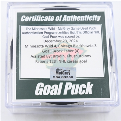 Brock Faber - Minnesota Wild - Goal Puck - December 23, 2024 vs. Chicago Blackhawks (Wild Logo)