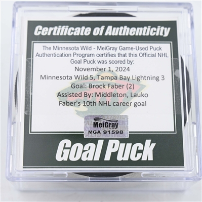 Brock Faber - Minnesota Wild - Goal Puck - November  1, 2024 vs. Tampa Bay Lightning (Wild Logo)