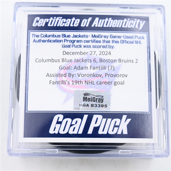 Adam Fantilli - Columbus Blue Jackets - Goal Puck - December 27, 2024 vs. Boston Bruins (Blue Jackets Logo)