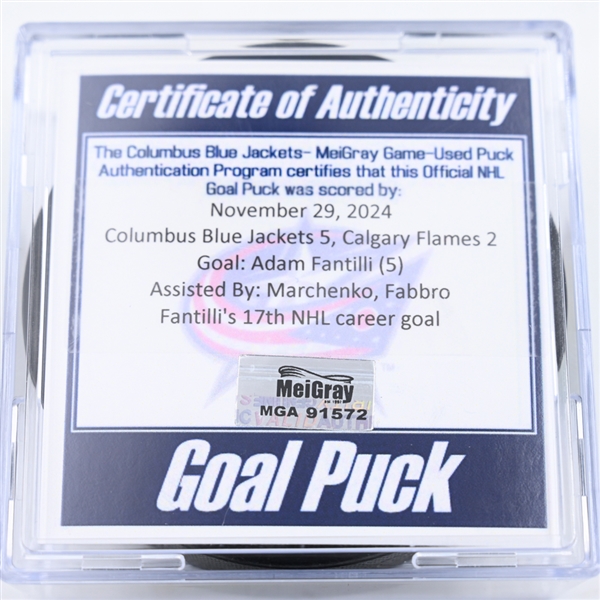 Adam Fantilli - Columbus Blue Jackets - Goal Puck - November 29, 2024 vs. Calgary Flames (Blue Jackets Logo)
