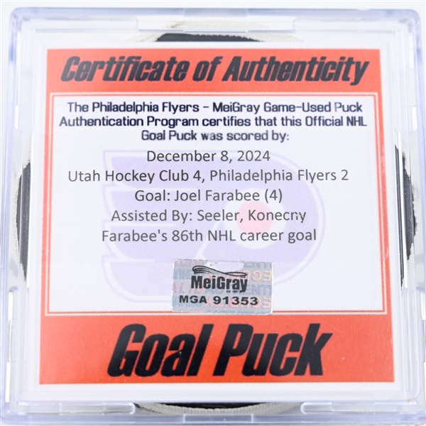 Joel Farabee - Philadelphia Flyers - Goal Puck - December 8, 2024 vs. Utah Hockey Club (Flyers Logo)