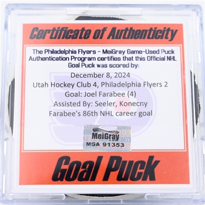 Joel Farabee - Philadelphia Flyers - Goal Puck - December 8, 2024 vs. Utah Hockey Club (Flyers Logo)