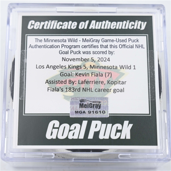 Kevin Fiala - Los Angeles Kings - Goal Puck - November 5, 2024 vs. Minnesota Wild (Wild Logo)