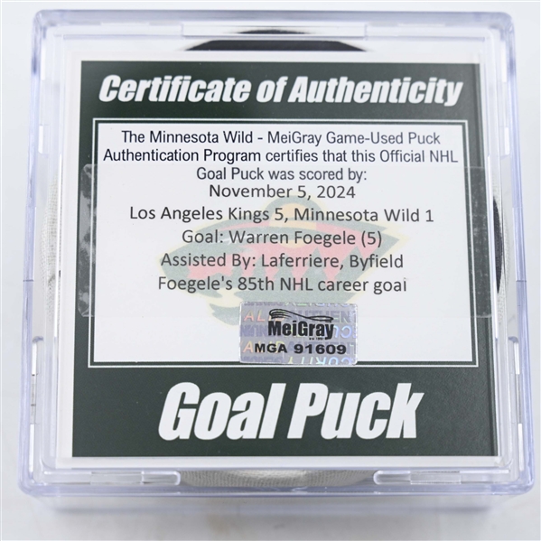 Warren Foegele - Los Angeles Kings - Goal Puck - November 5, 2024 vs. Minnesota Wild (Wild Logo)