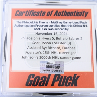 Tyson Foerster - Philadelphia Flyers - Goal Puck - November 16, 2024 vs. Buffalo Sabres (Flyers Logo)