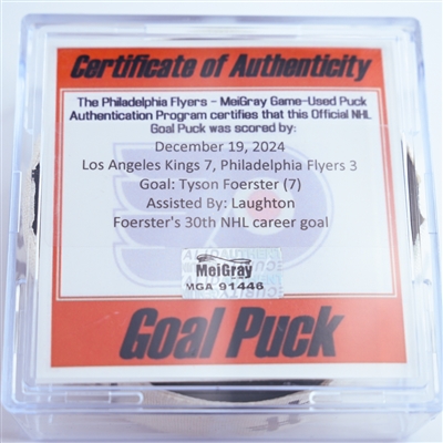 Tyson Foerster - Philadelphia Flyers - Goal Puck - December 19, 2024 vs. Los Angeles Kings (Flyers Logo)