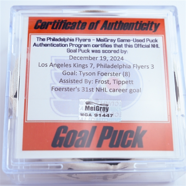 Tyson Foerster - Philadelphia Flyers - Goal Puck - December 19, 2024 vs. Los Angeles Kings (Flyers Logo)