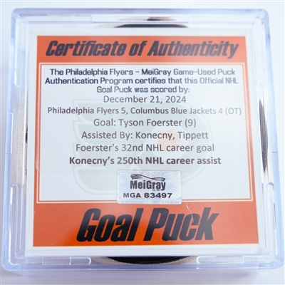 Tyson Foerster - Philadelphia Flyers - Goal Puck - December 21, 2024 vs. Columbus Blue Jackets (Flyers Logo)