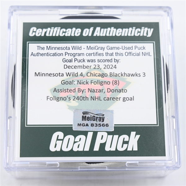 Nick Foligno - Chicago Blackhawks - Goal Puck - December 23, 2024 vs. Minnesota Wild (Wild Logo)