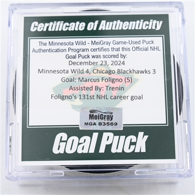 Marcus Foligno - Minnesota Wild - Goal Puck - December 23, 2024 vs. Chicago Blackhawks (Wild Logo)