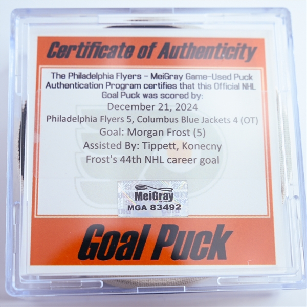 Morgan Frost - Philadelphia Flyers - Goal Puck - December 21, 2024 vs. Columbus Blue Jackets (Flyers Logo)