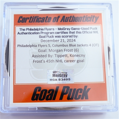 Morgan Frost - Philadelphia Flyers - Goal Puck - December 21, 2024 vs. Columbus Blue Jackets (Flyers Logo)