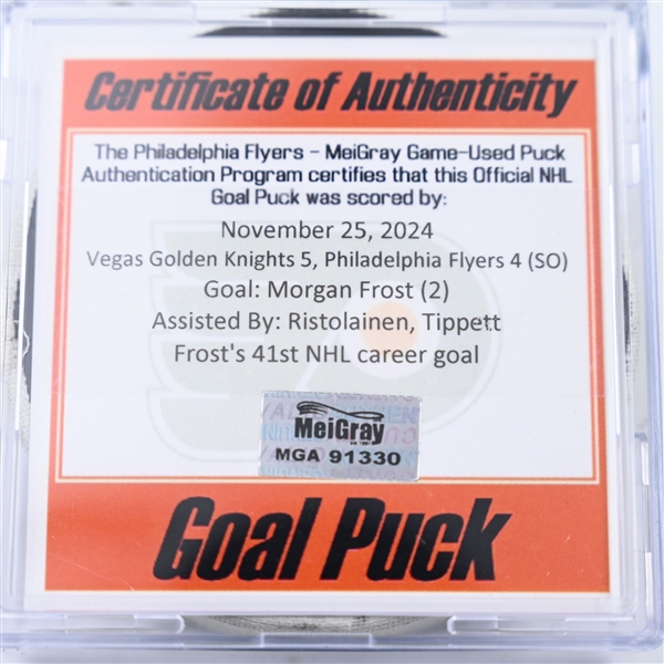 Morgan Frost - Philadelphia Flyers - Goal Puck - November 25, 2024 vs. Vegas Golden Knights (Flyers Logo)