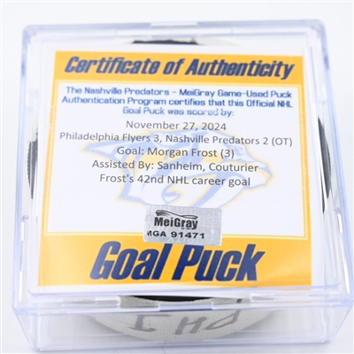 Morgan Frost - Philadelphia Flyers - Goal Puck - November 27, 2024 vs. Nashville Predators (Predators Logo)