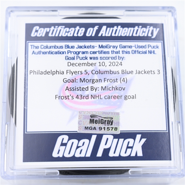 Morgan Frost - Philadelphia Flyers - Goal Puck - December 10, 2024 vs. Columbus Blue Jackets (Blue Jackets Logo)