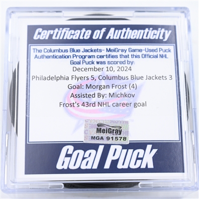 Morgan Frost - Philadelphia Flyers - Goal Puck - December 10, 2024 vs. Columbus Blue Jackets (Blue Jackets Logo)