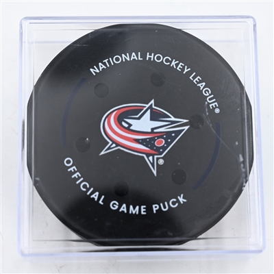 Morgan Frost - Philadelphia Flyers - Goal Puck - December 10, 2024 vs. Columbus Blue Jackets (Blue Jackets Logo)