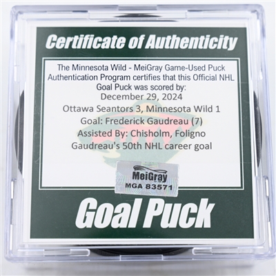 Frederick Gaudreau - Minnesota Wild - Goal Puck - December 29, 2024 vs. Ottawa Senators (Wild Logo)