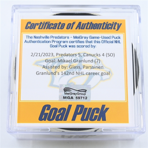 Mikael Granlund - Nashville Predators - Goal Puck - February 21, 2023 vs. Vancouver Canucks (Predators Logo)