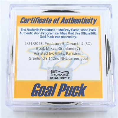 Mikael Granlund - Nashville Predators - Goal Puck - February 21, 2023 vs. Vancouver Canucks (Predators Logo)