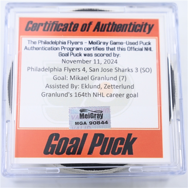 Mikael Granlund - San Jose Sharks - Goal Puck - November 11, 2024 vs. Philadelphia Flyers (Flyers Logo)