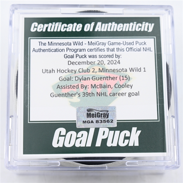 Dylan Guenther - Utah Hockey Club - Goal Puck - December 20, 2024 vs. Minnesota Wild (Wild Logo)