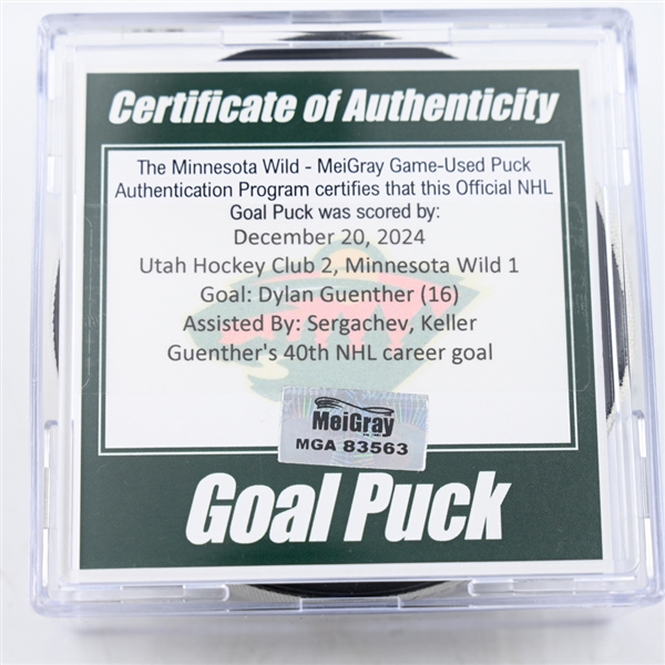 Dylan Guenther - Utah Hockey Club - Goal Puck - December 20, 2024 vs. Minnesota Wild (Wild Logo)