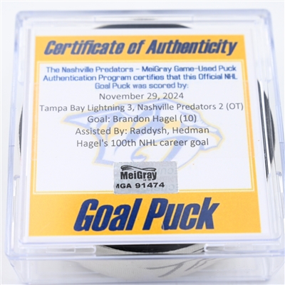 Brandon Hagel - Tampa Bay Lightning - Goal Puck - November 29, 2024 vs. Nashville Predators (Predators Logo)