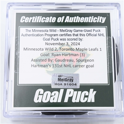 Ryan Hartman - Minnesota Wild - Goal Puck - November  3, 2024 vs. Toronto Maple Leafs (Wild Logo)