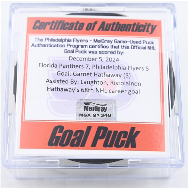 Garnet Hathaway - Philadelphia Flyers - Goal Puck - December 5, 2024 vs. Florida Panthers (Flyers Logo)